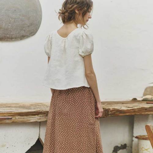 Women's Brown Polka Dot Linen Midi Skirt