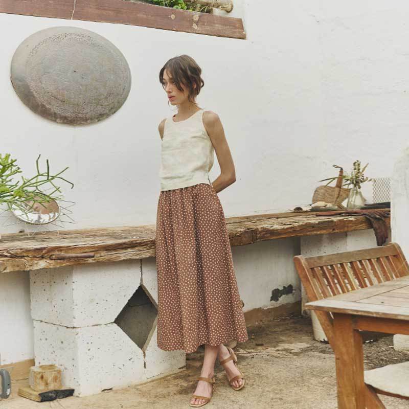 Women's Brown Polka Dot Linen Midi Skirt