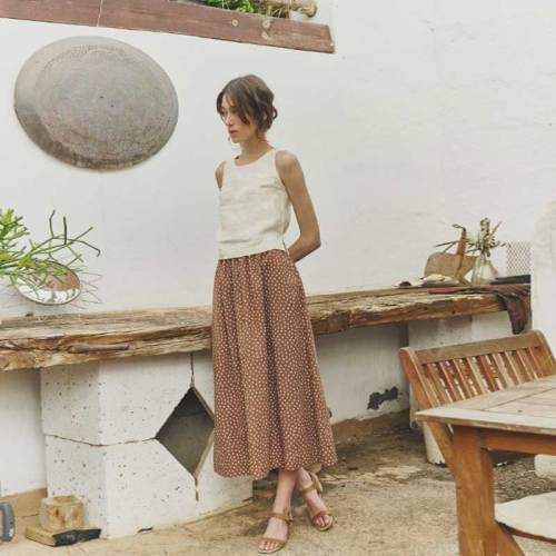 Women's Brown Polka Dot Linen Midi Skirt