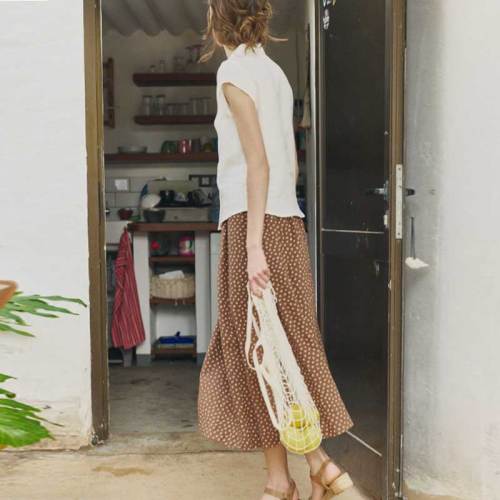 Women's Brown Polka Dot Linen Midi Skirt