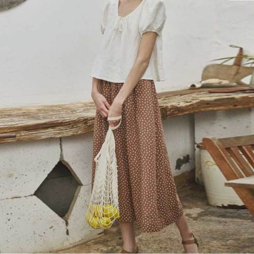 Women's Brown Polka Dot Linen Midi Skirt