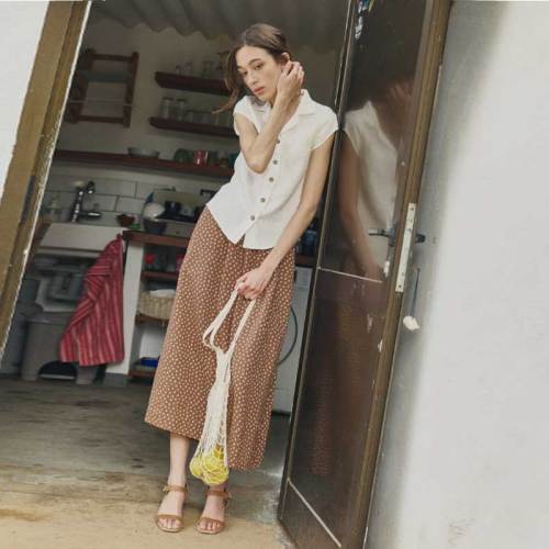 Women's Brown Polka Dot Linen Midi Skirt