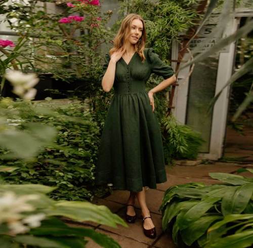 Women's Dark Green Linen Midi Dress