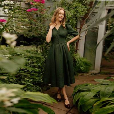 Women's Dark Green Linen Midi Dress