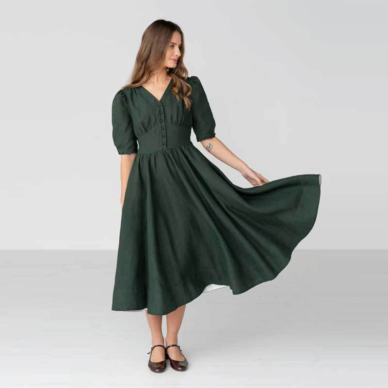 Women's Dark Green Linen Midi Dress