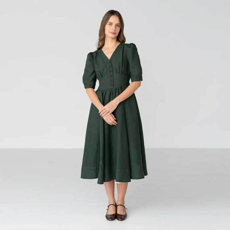Women's Dark Green Linen Midi Dress