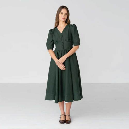 Women's Dark Green Linen Midi Dress