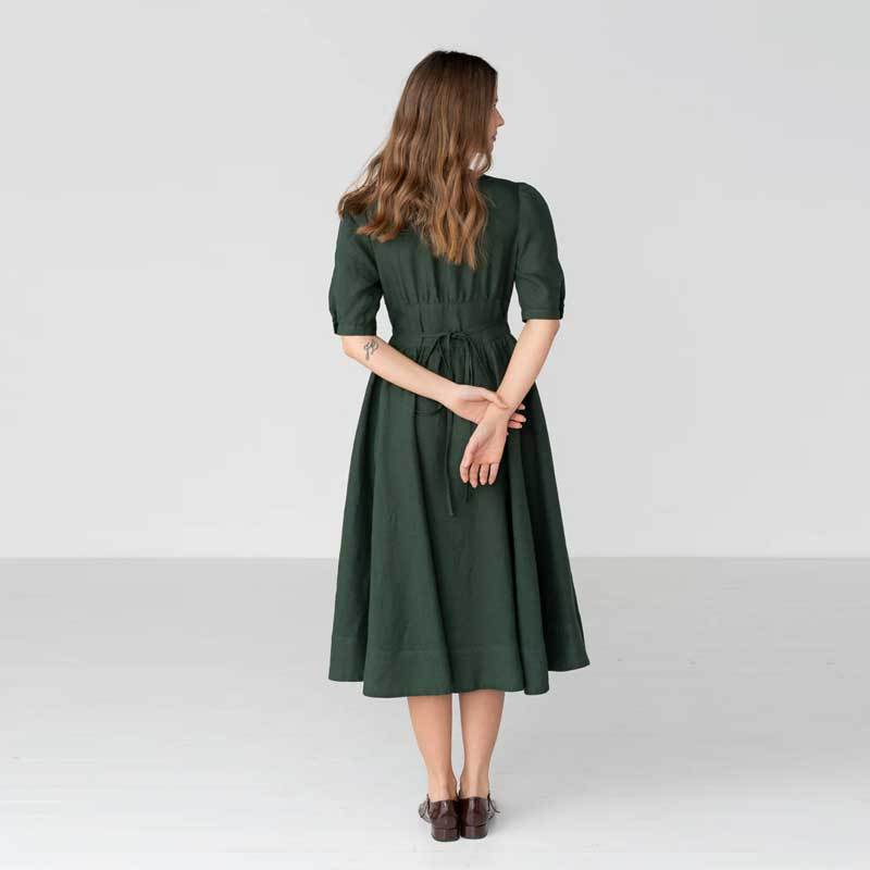 Women's Dark Green Linen Midi Dress