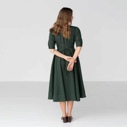 Women's Dark Green Linen Midi Dress