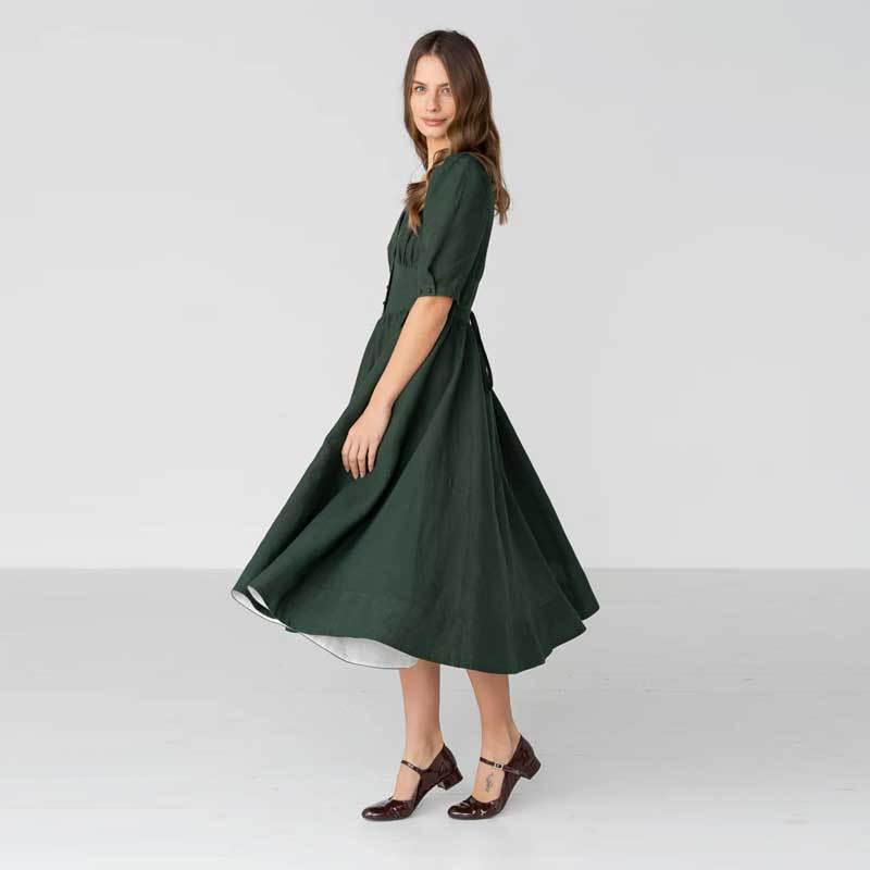 Women's Dark Green Linen Midi Dress