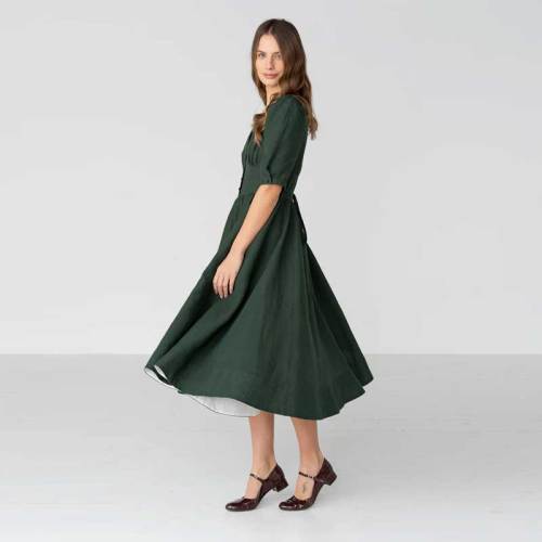 Women's Dark Green Linen Midi Dress
