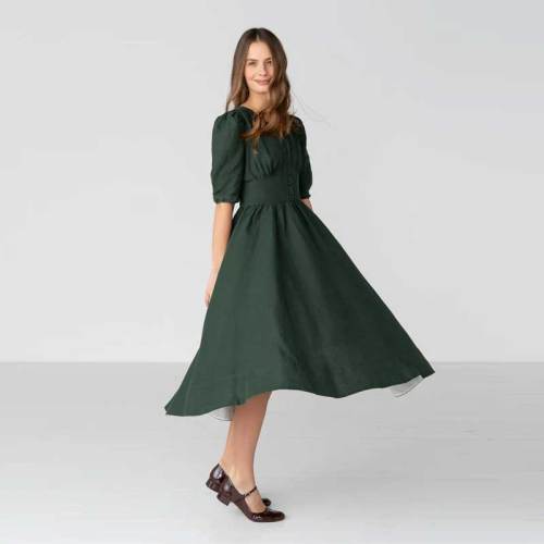 Women's Dark Green Linen Midi Dress