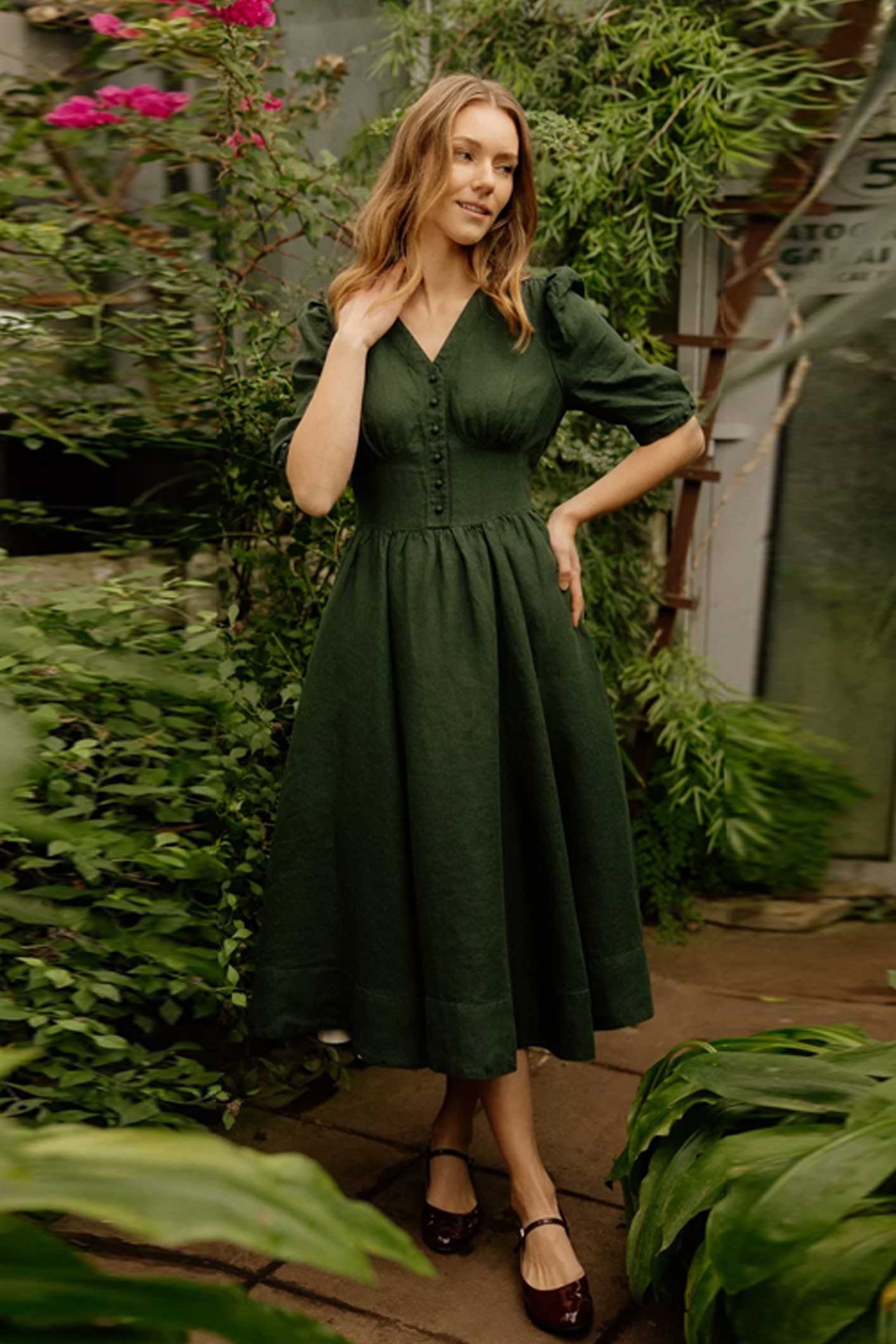 Dark Green Linen Midi Dress