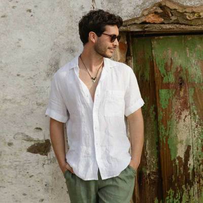 Men's White Short Sleeve Linen Shirt