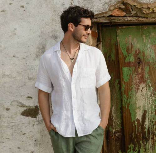 Men's White Short Sleeve Linen Shirt