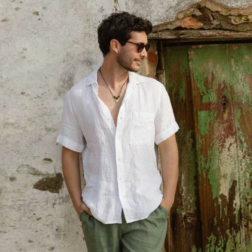 Men's White Short Sleeve Linen Shirt