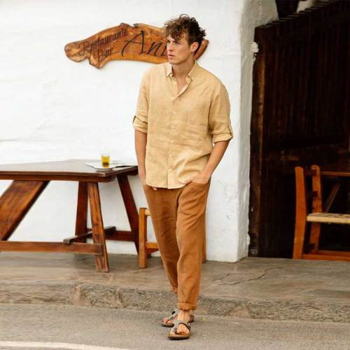 Men's Camel Linen Pants