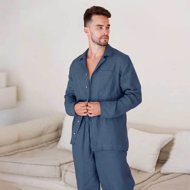 Men's Blue Linen Lounge Set