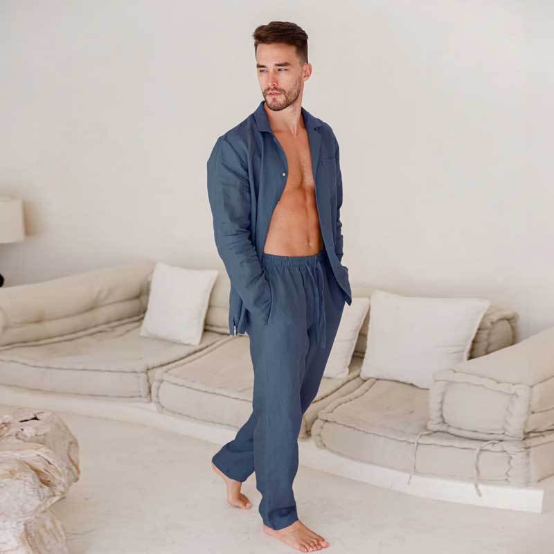 Men's Blue Linen Lounge Set