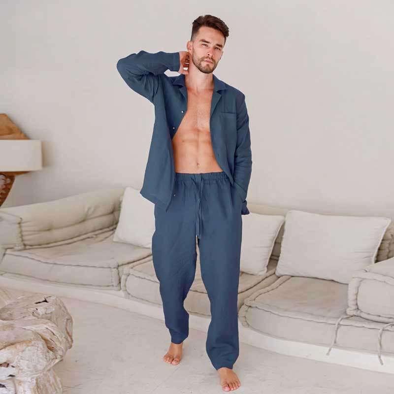 Men's Blue Linen Lounge Set