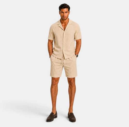 Men's Beige Linen Shorts Set