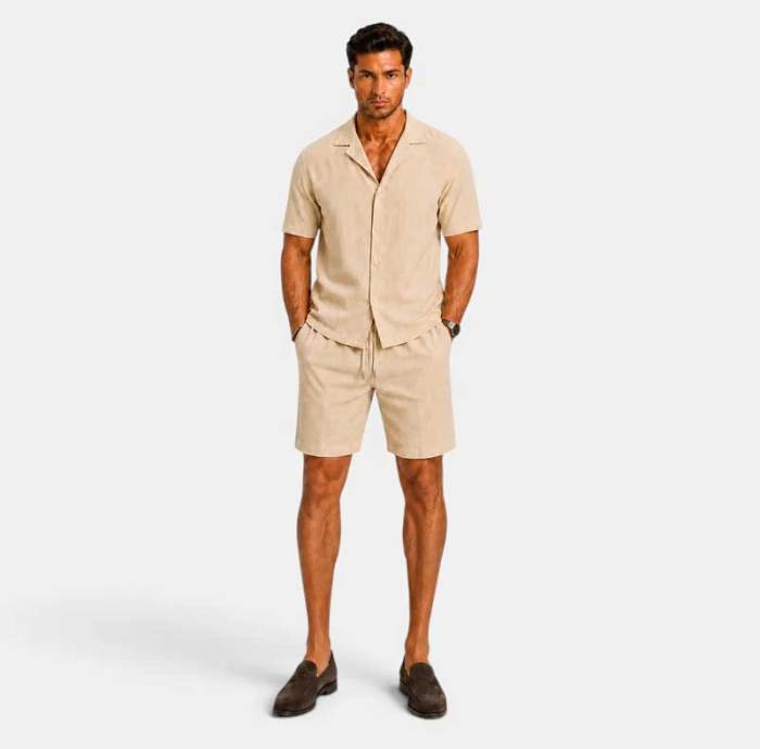 Men's Beige Linen Shorts Set