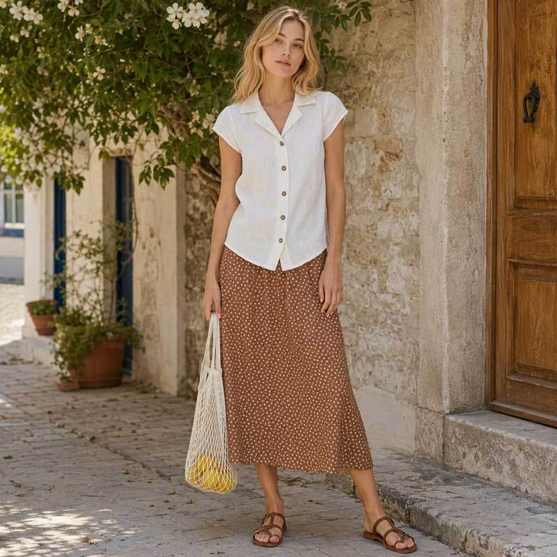 Women's Brown Polka Dot Linen Midi Skirt