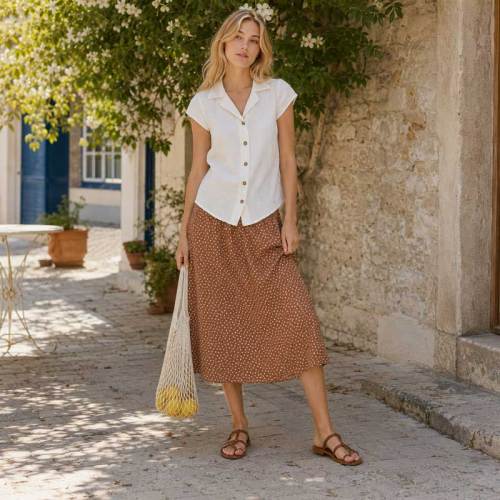 Women's Brown Polka Dot Linen Midi Skirt