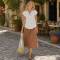 Women's Brown Polka Dot Linen Midi Skirt