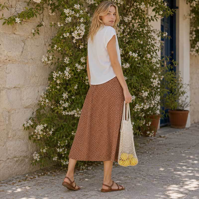 Women's Brown Polka Dot Linen Midi Skirt