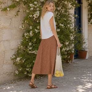 Women's Brown Polka Dot Linen Midi Skirt