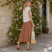 Women's Brown Polka Dot Linen Midi Skirt