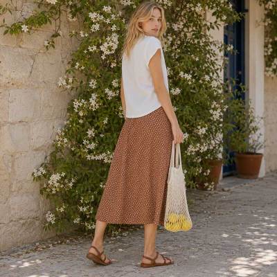 Women's Brown Polka Dot Linen Midi Skirt