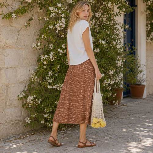 Women's Brown Polka Dot Linen Midi Skirt