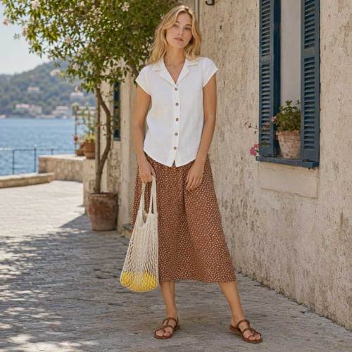 Women's Brown Polka Dot Linen Midi Skirt