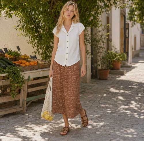 Women's Brown Polka Dot Linen Midi Skirt