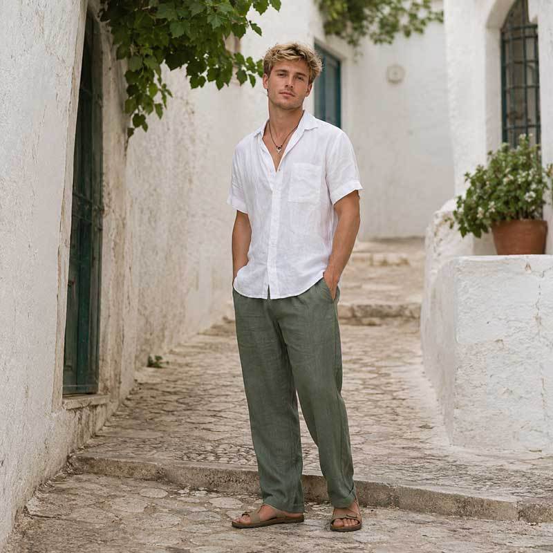 Men's White Short Sleeve Linen Shirt