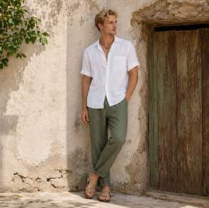 Men's White Short Sleeve Linen Shirt