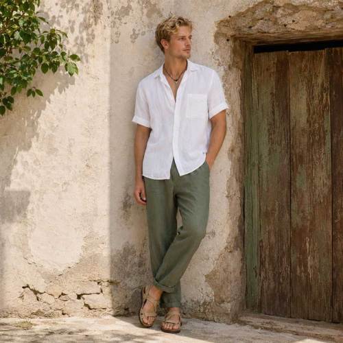 Men's White Short Sleeve Linen Shirt