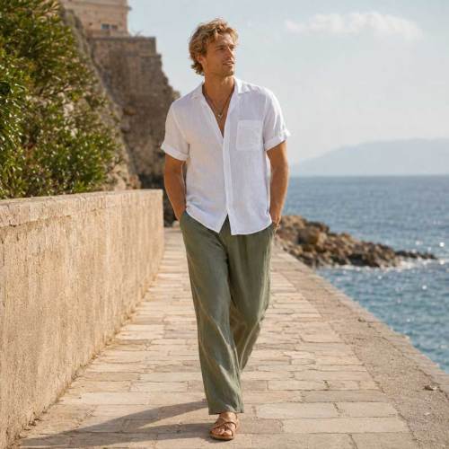 Men's White Short Sleeve Linen Shirt