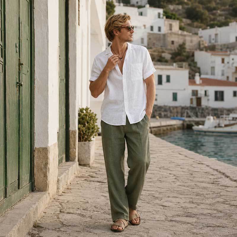 Men's White Short Sleeve Linen Shirt