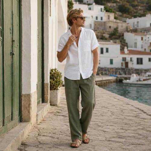 Men's White Short Sleeve Linen Shirt
