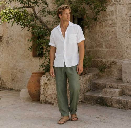 Men's White Short Sleeve Linen Shirt