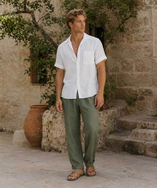 Men's White Short Sleeve Linen Shirt