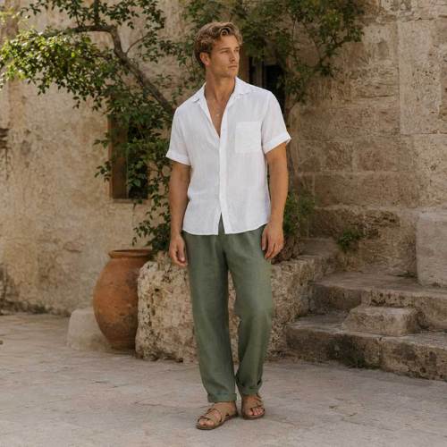 Men's White Short Sleeve Linen Shirt