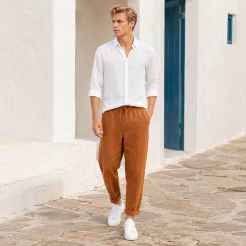 Men's Camel Linen Pants