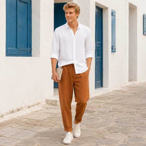 Men's Camel Linen Pants