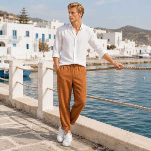 Men's Camel Linen Pants