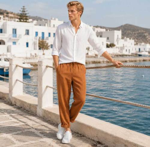 Men's Camel Linen Pants