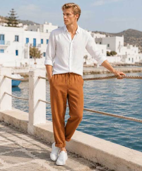 Men's Camel Linen Pants